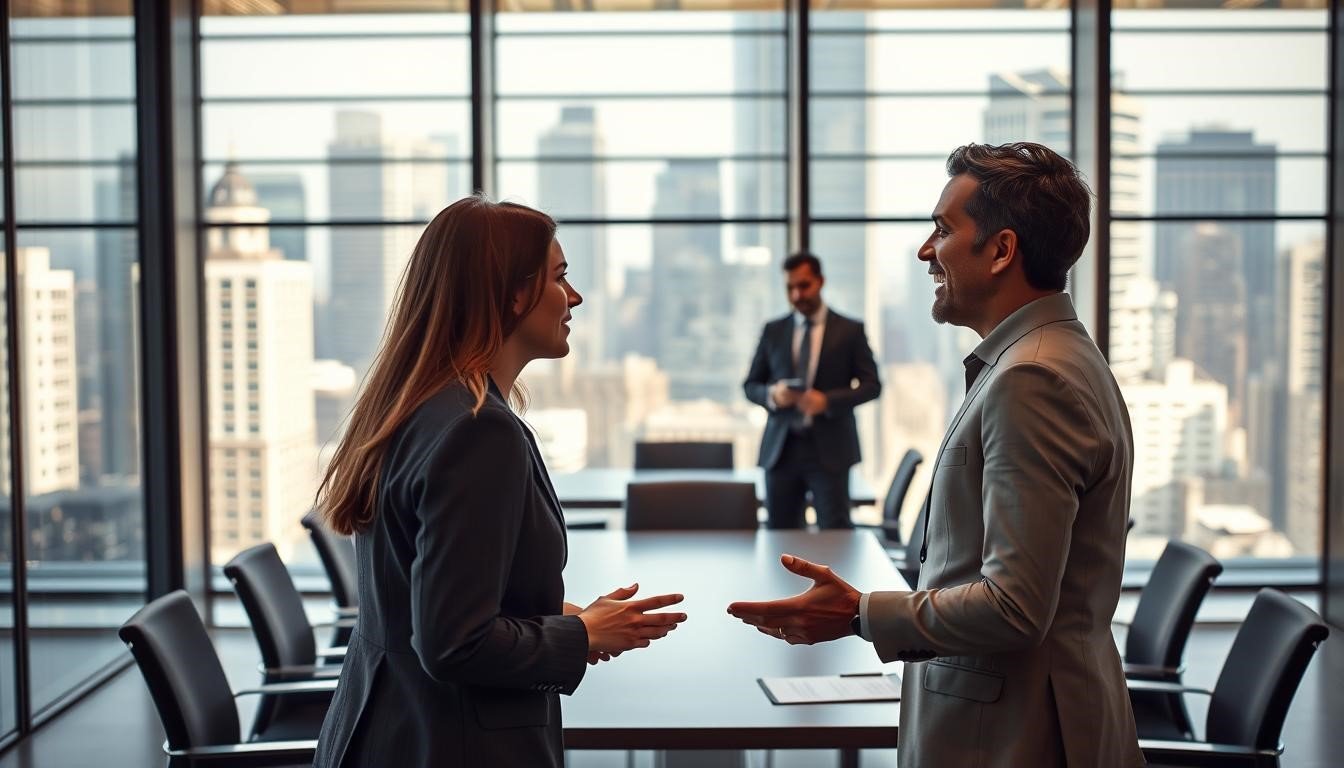 Two business professionals shaking hands during a meeting