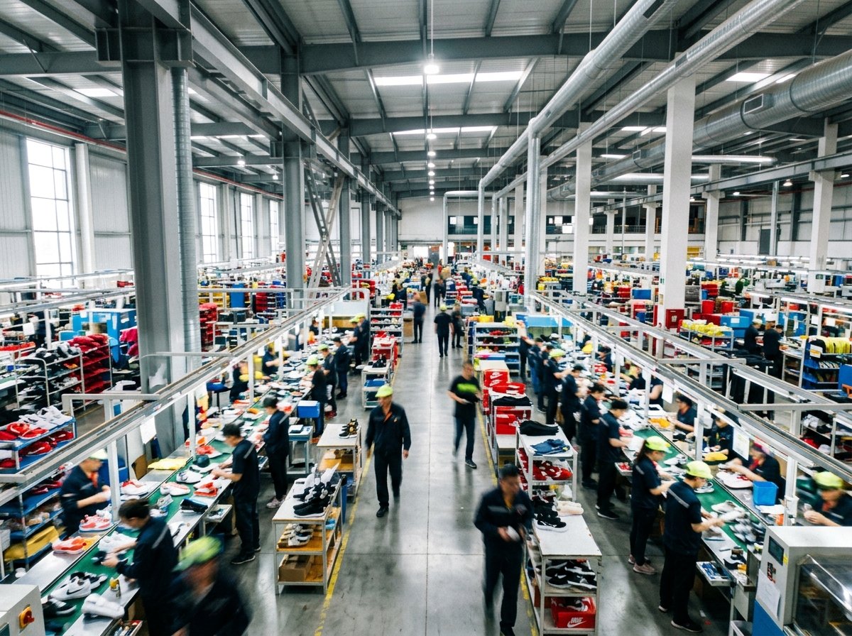 Footwear production floor with shoe and apparel workstations