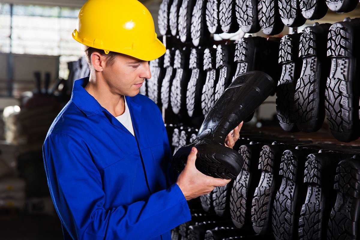 Footwear production floor with shoes and workstations